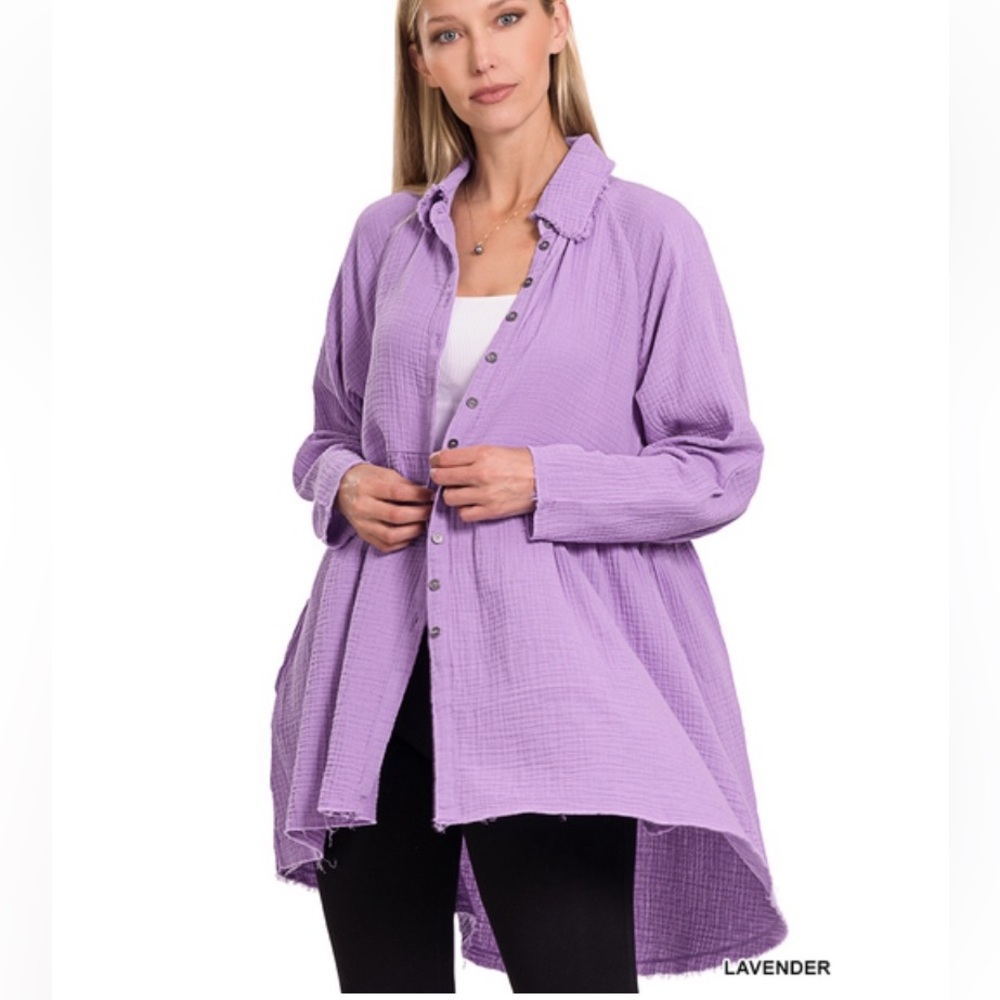 ❤️ ZENANA DOUBLE GAUZE RAWEDGE SHIRT WITH POCKETS